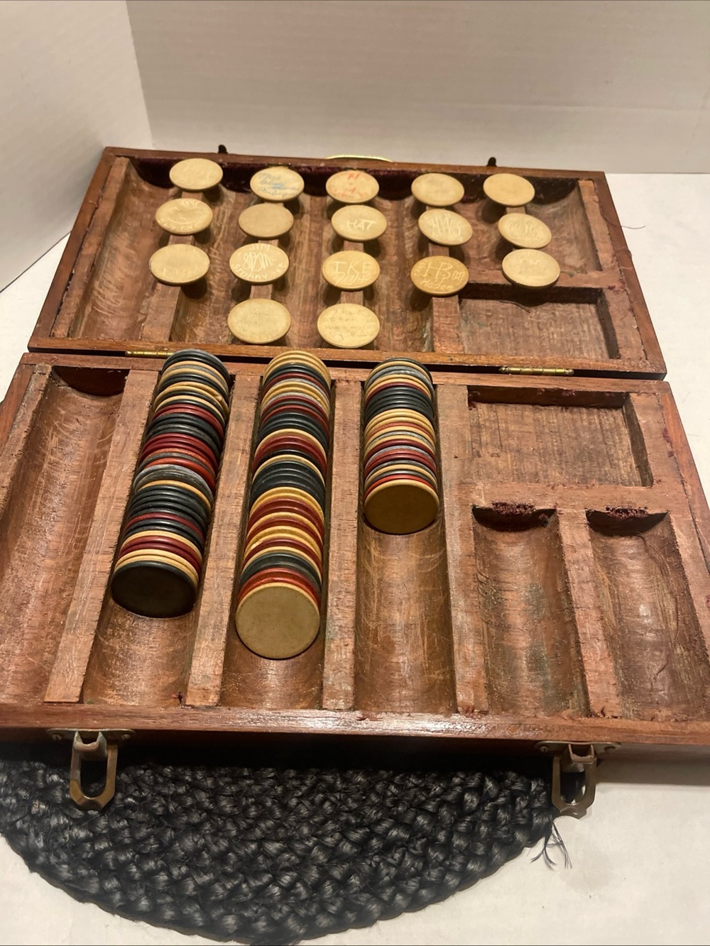Antique W11 era clay poker chips with wood case. Signed chips from the 1940s